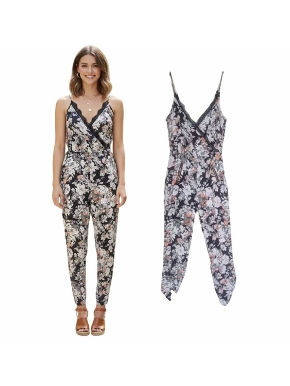 ⭐Material Girl Sz S Women's Jumpsuit Strappy Floral Black Lace V-Neck Skinny Zip